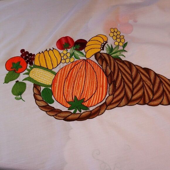 Thanksgiving Tablecloth Embroidered Cornucopia Fall Harvest 90x66 In Scaloped - Picture 2 of 7